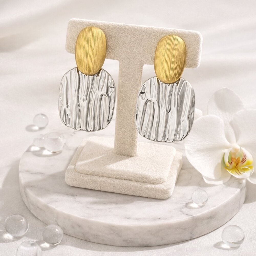 18k Gold Mixed Metal 316l Stainless Steel Two-Tone Textured Statement Earrings